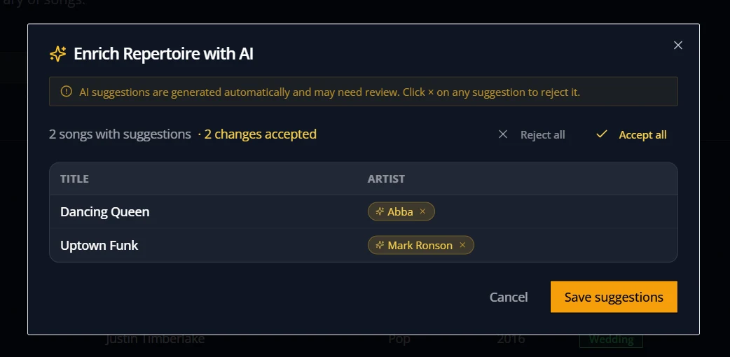 Enrich repertoire with AI dialog in GigSettler