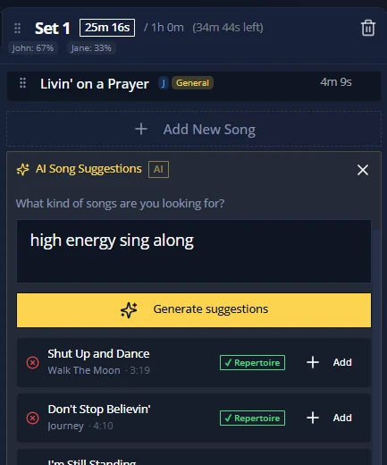 AI song suggestions panel in GigSettler