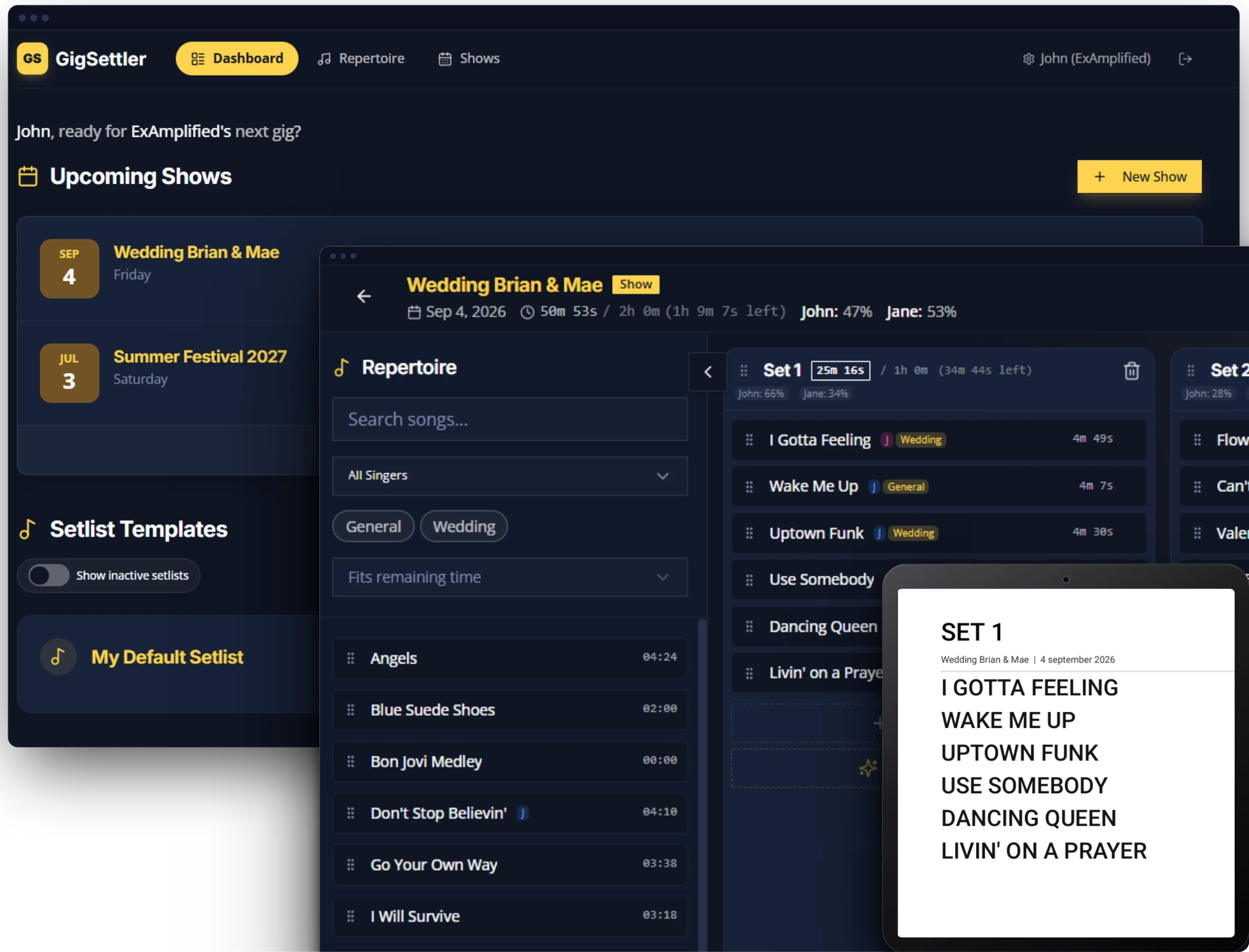 GigSettler dashboard, setlist editor, and a printable setlist PDF