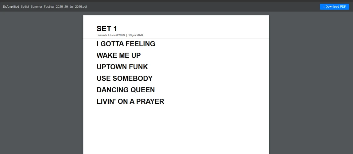 Exported setlist PDF from GigSettler