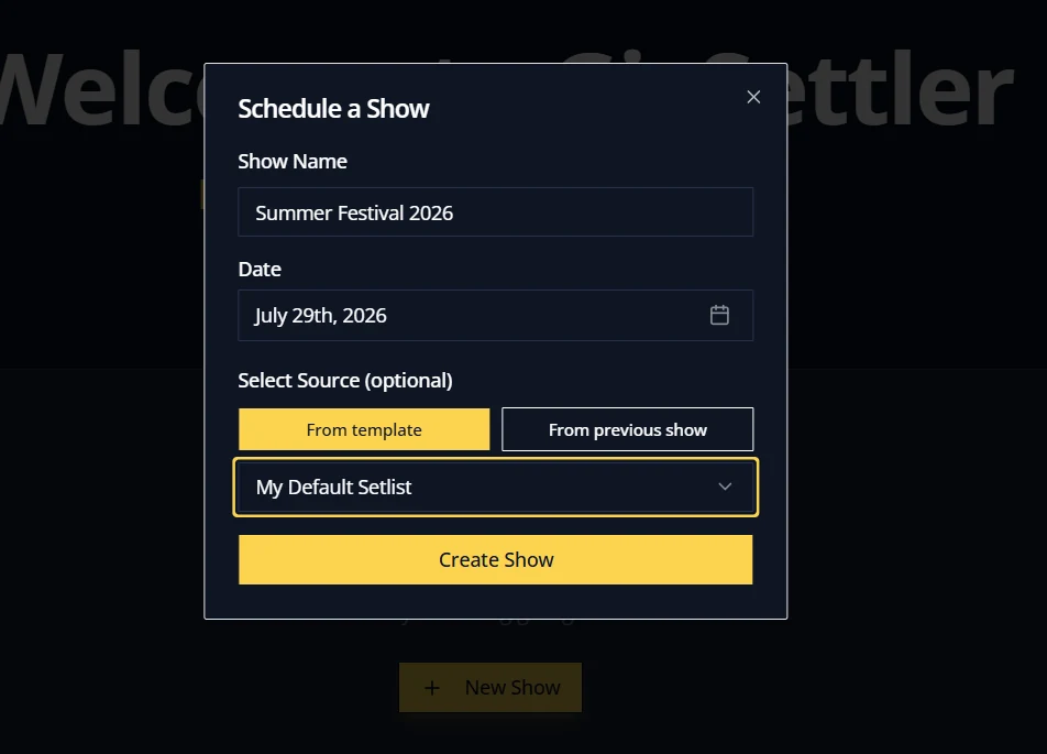Schedule a show dialog in GigSettler